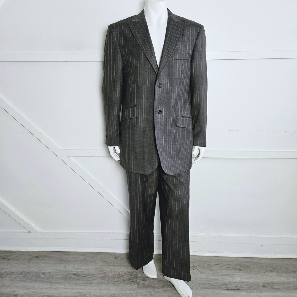Luciano Carreli Couture Mens Suit Super 150s Wool Pinstripe Charcoal Grey 44R